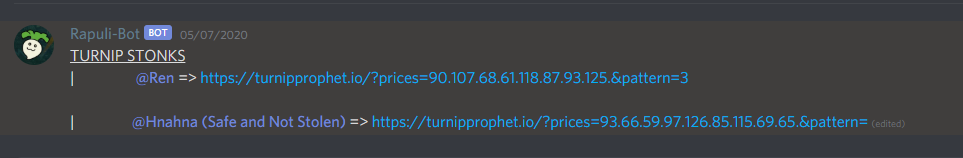 Image of Rapuli-Bot on Discord with generated links to turnip prophet